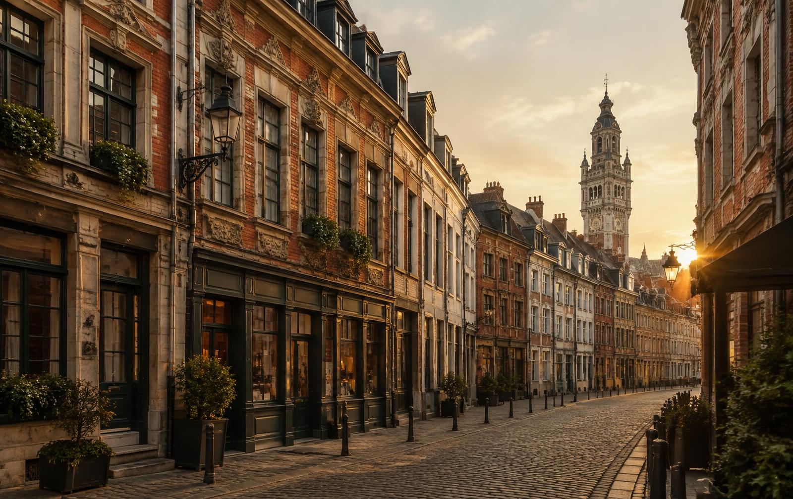Rue pavée du Vieux-Lille au coucher du soleil